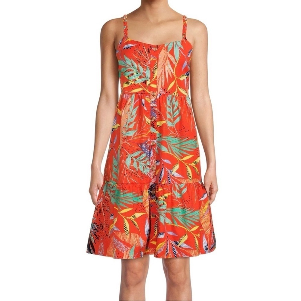 Beach lunch lounge Tropical Mini Dress Braided Straps Colorful Button Front XXL